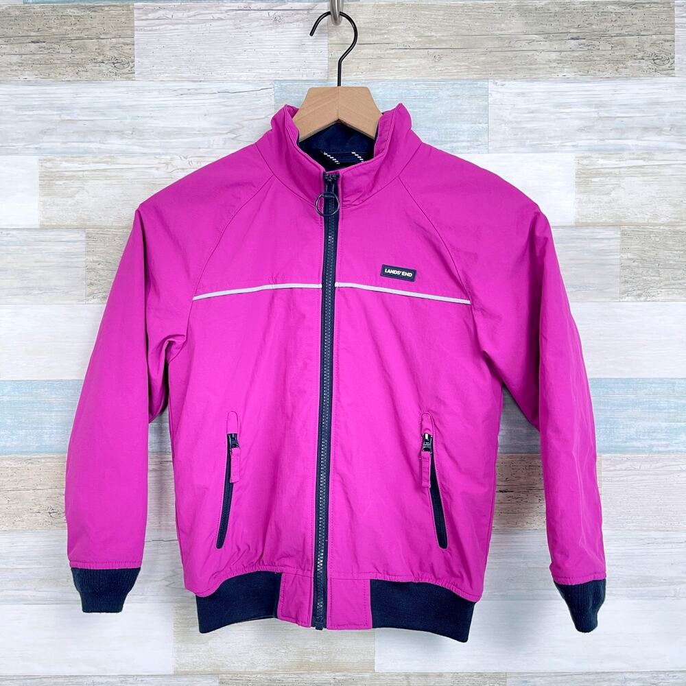 Lands End Nylon Fleece Lined Jacket Purple Navy Blue Waterproof Girls Small 6